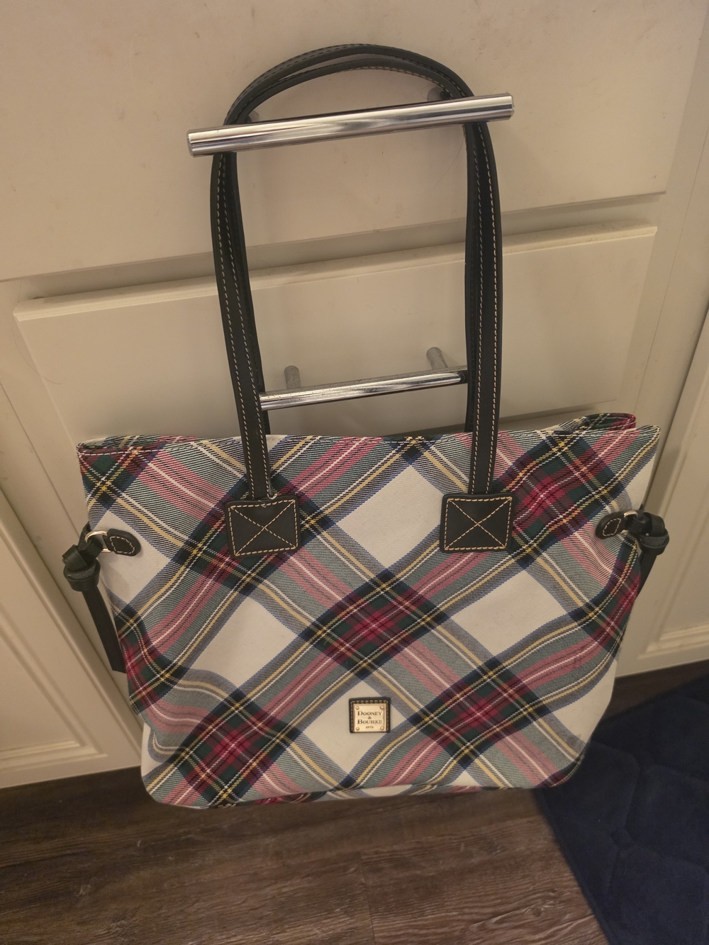 Dooney & Bourke Multicolor Plaid Tote Bag with Black Leather Handles
